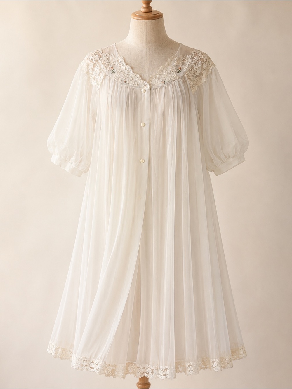 Vintage Shadowline Peignoir Robe Small Ivory Sheer Lace Rosebud Puff Sleeve